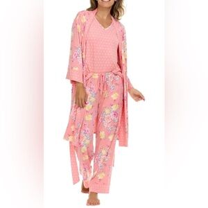 NWT Flora Nikrooz Floral Pink Women's Sleepwear Set Robe, Tank & Pant Set SZ S